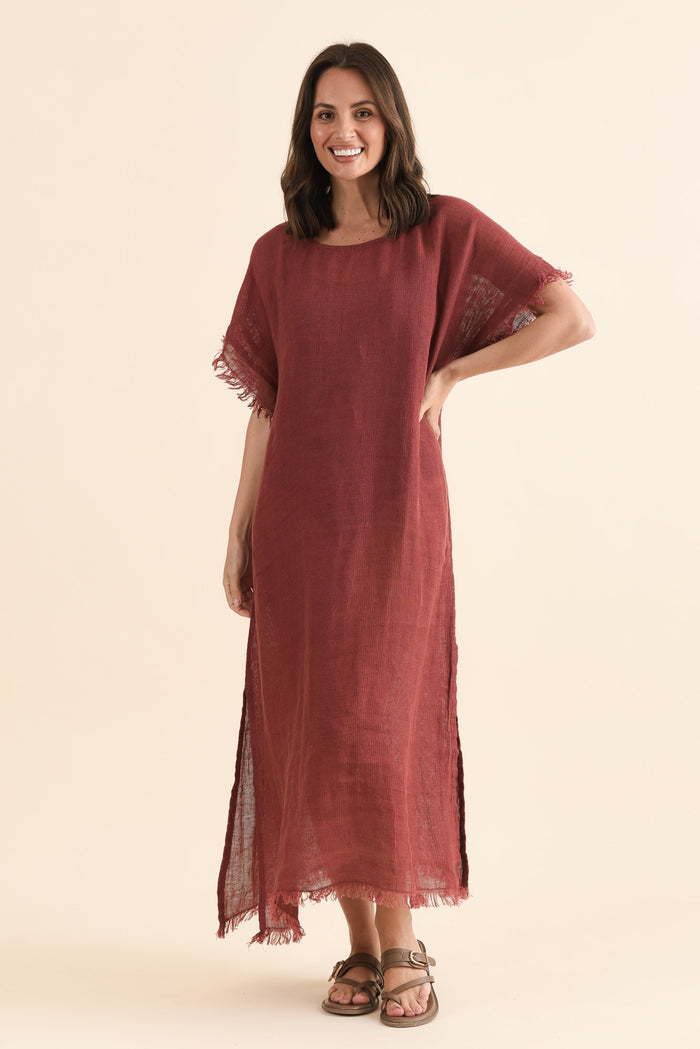 Galene Berry Linen Dress,Full Body,Brunette model,alt text|model:MJ