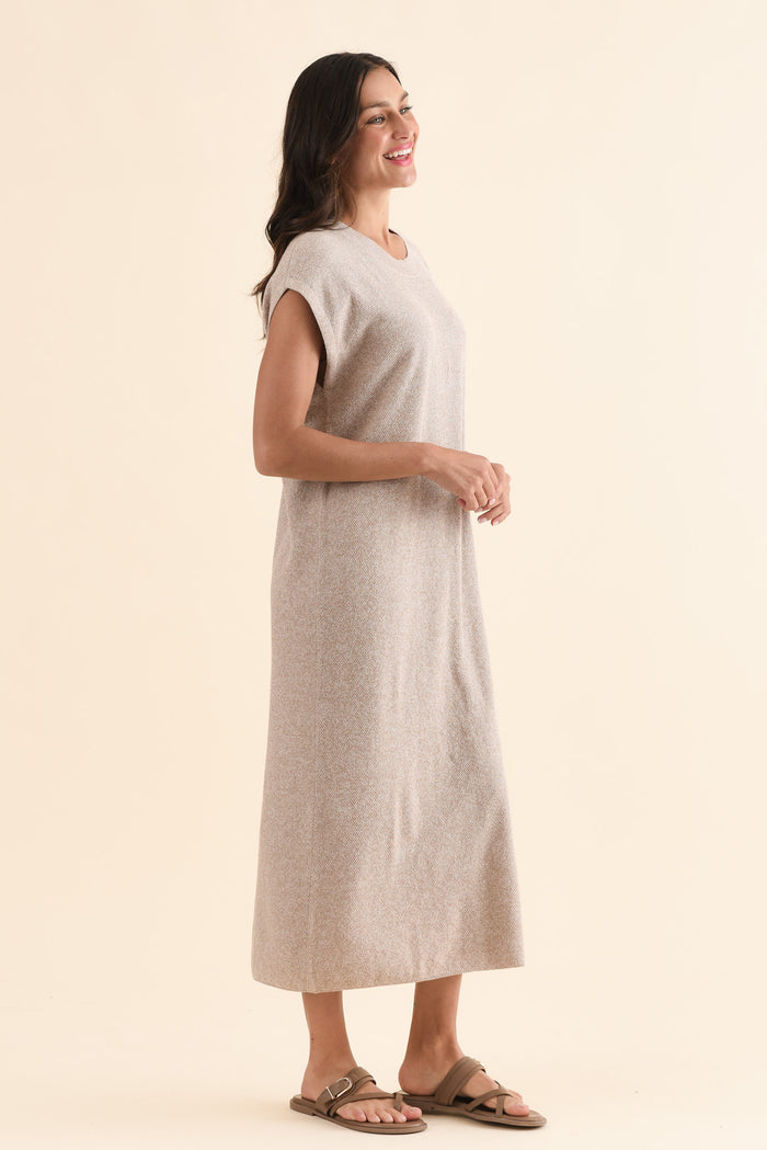Garrick Beige Cotton Tie Dress,Side,Brunette model,alt text|model:Brontie