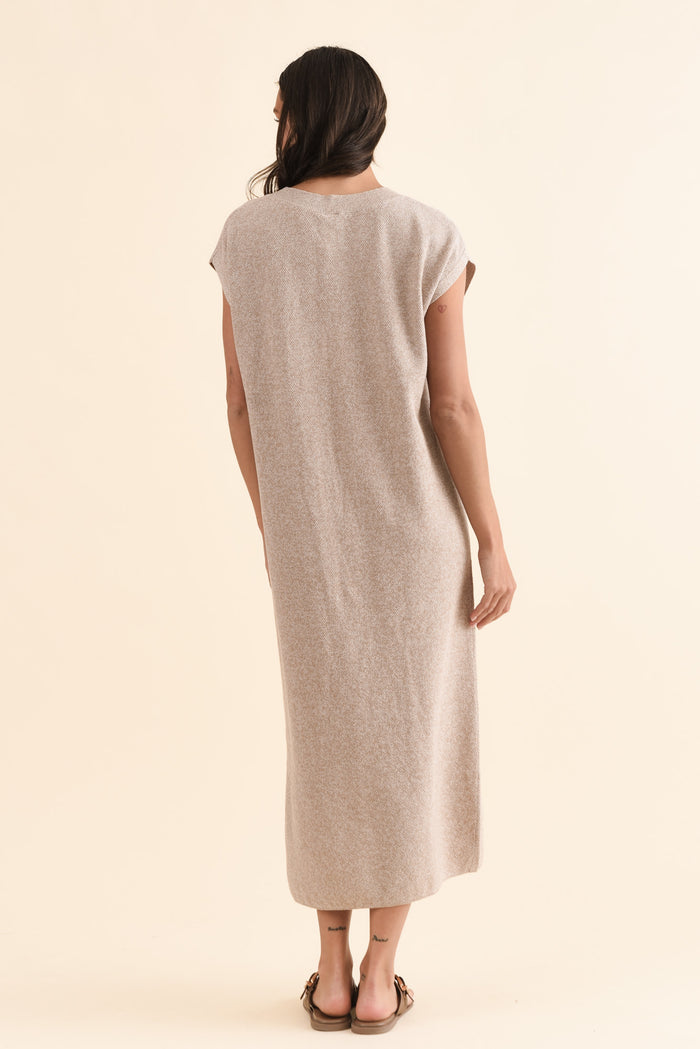 Garrick Beige Cotton Tie Dress,Back,Brunette model,alt text|model:Brontie