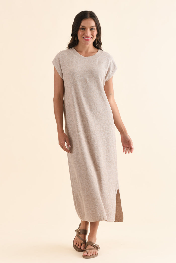 Garrick Beige Cotton Tie Dress,Full Body,Brunette model,alt text|model:Brontie