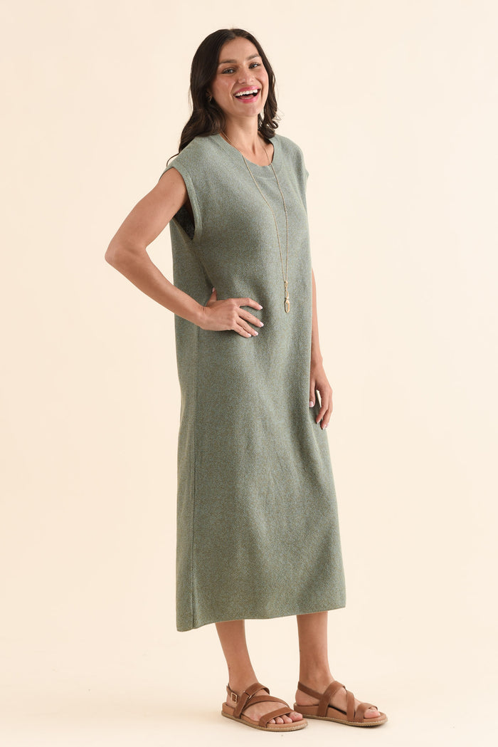 Garrick Green Cotton Tie Dress,Side,Brunette model,alt text|model:Brontie