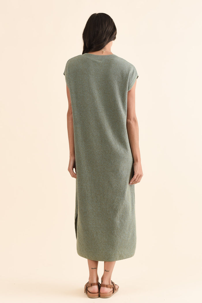 Garrick Green Cotton Tie Dress,Back,Brunette model,alt text|model:Brontie