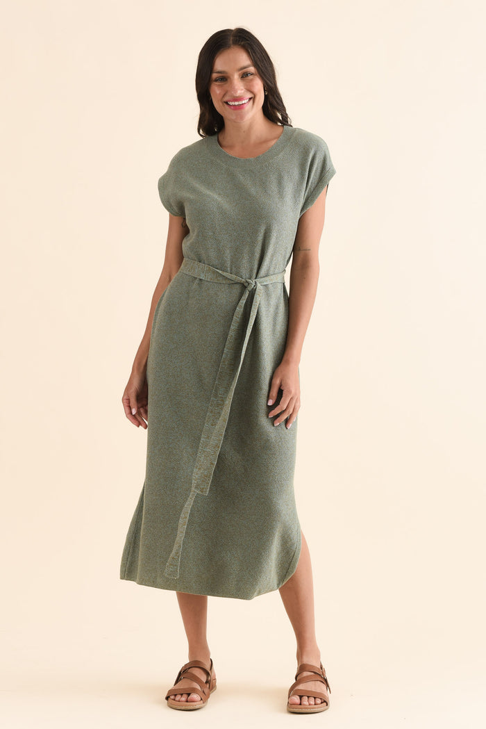 Garrick Green Cotton Tie Dress,Full Body,Brunette model,alt text|model:Brontie