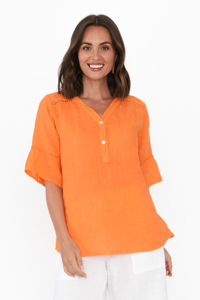 Gemma Orange Linen Button Top,Brunette model,alt text|model:MJ