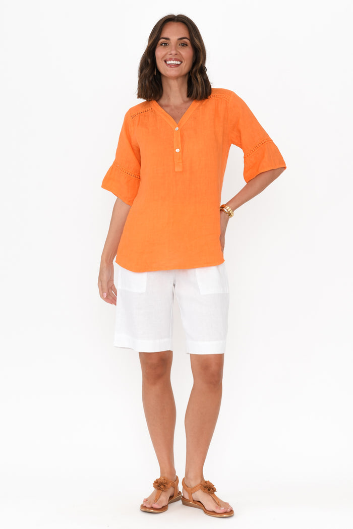 Gemma Orange Linen Button Top,Brunette model,alt text|model:MJ