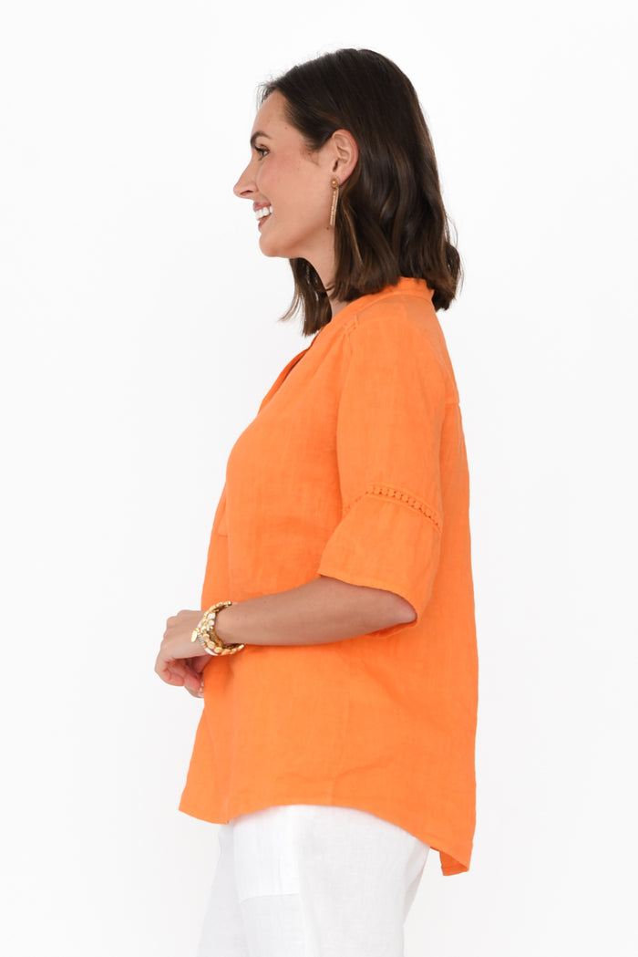 Gemma Orange Linen Button Top,Brunette model,alt text|model:MJ