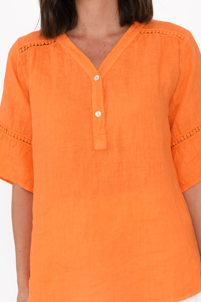 Gemma Orange Linen Button Top,Brunette model,alt text|model:MJ