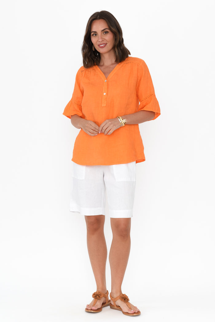 Gemma Orange Linen Button Top,Brunette model,alt text|model:MJ