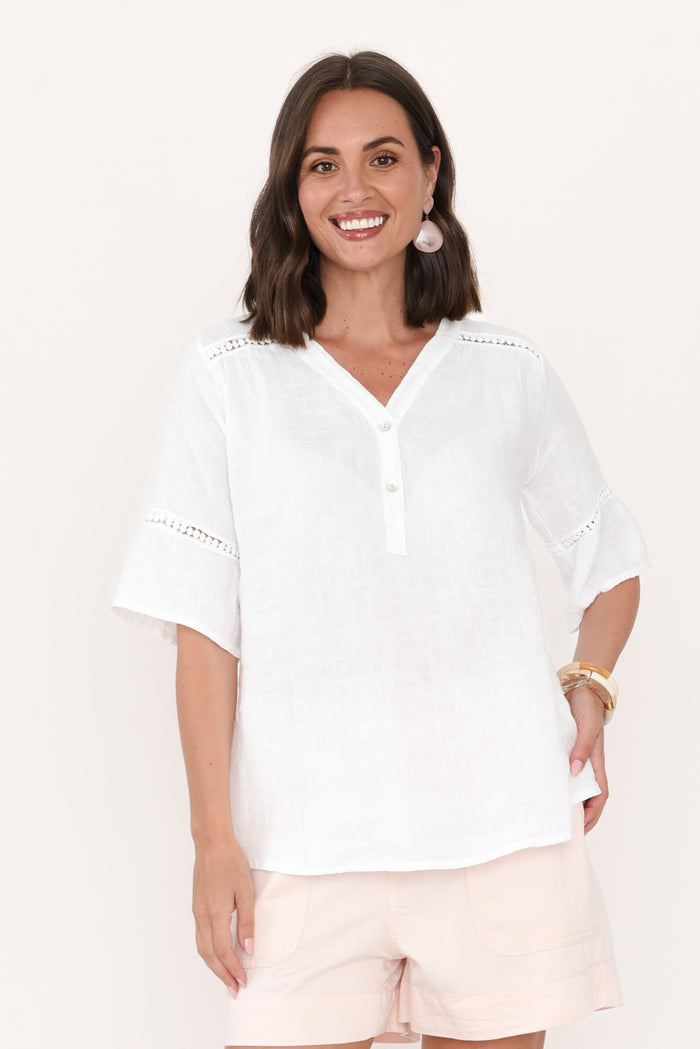 Gemma White Linen Button Top,Brunette model,alt text|model:MJ