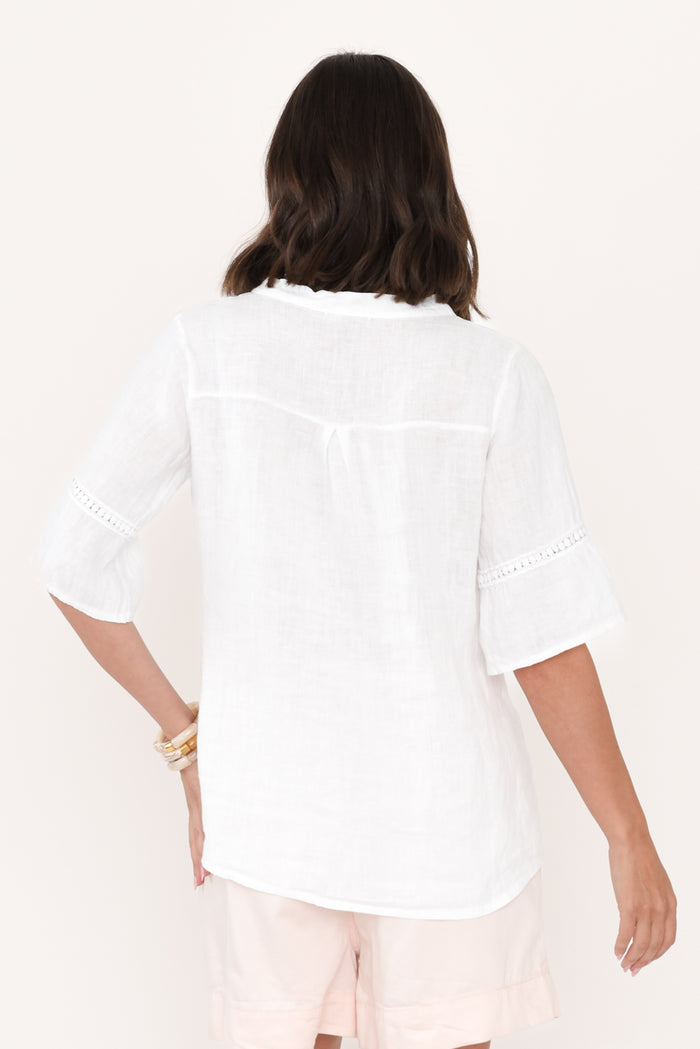 Gemma White Linen Button Top,Brunette model,alt text|model:MJ