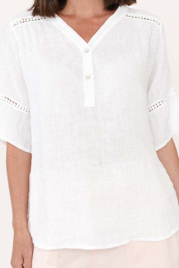 Gemma White Linen Button Top,Brunette model,alt text|model:MJ
