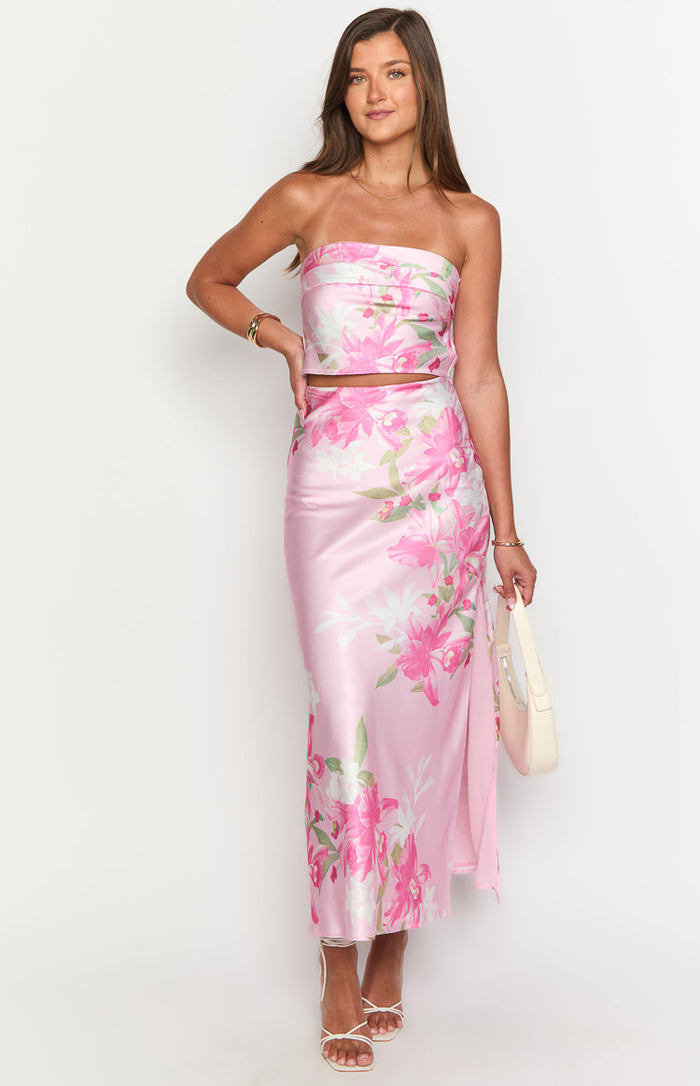Beginning Boutique Genevieve Pink Floral Print Maxi Skirt pink floral print satin-look high-waisted maxi skirt with a side split