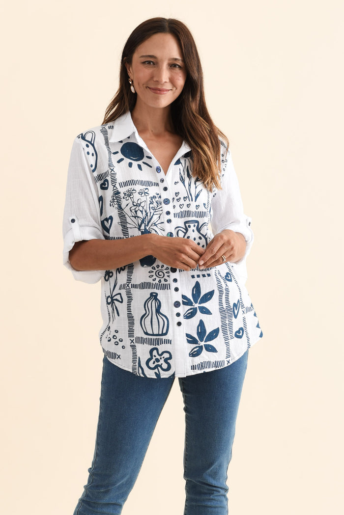 Georgina Blue Tile Cotton Shirt,Brunette model,alt text|model:Cara