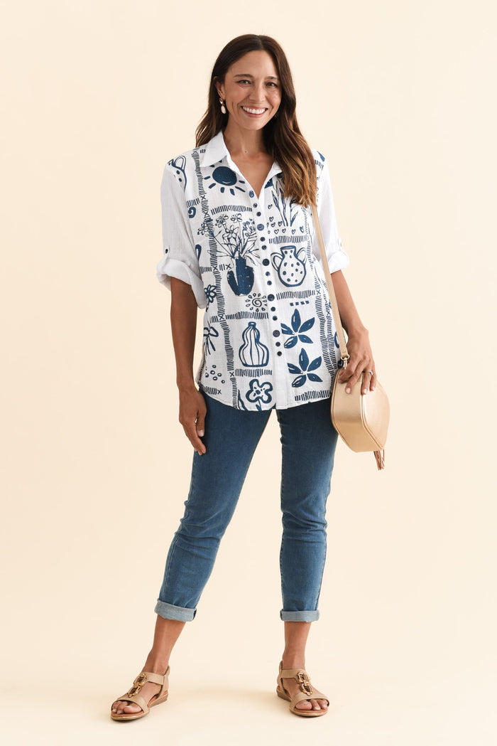 Georgina Blue Tile Cotton Shirt,Brunette model,alt text|model:Cara