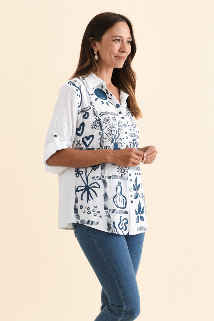 Georgina Blue Tile Cotton Shirt,Brunette model,alt text|model:Cara