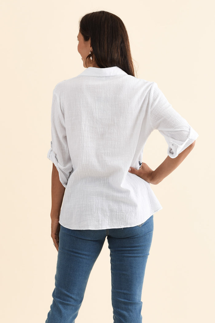 Georgina Blue Tile Cotton Shirt,Brunette model,alt text|model:Cara