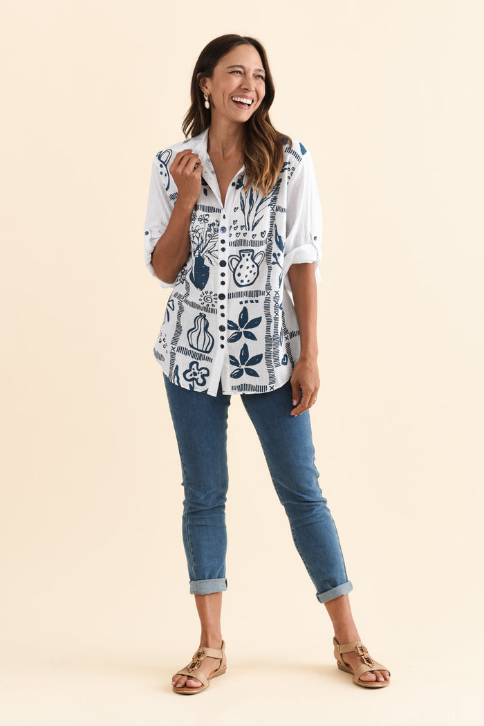 Georgina Blue Tile Cotton Shirt,Brunette model,alt text|model:Cara