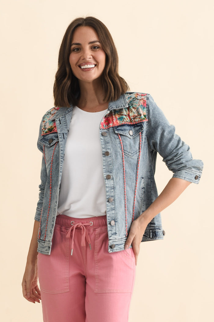 Gerri Pink Garden Denim Jacket,Brunette model,alt text|model:MJ