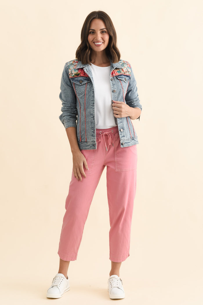 Gerri Pink Garden Denim Jacket,Brunette model,alt text|model:MJ