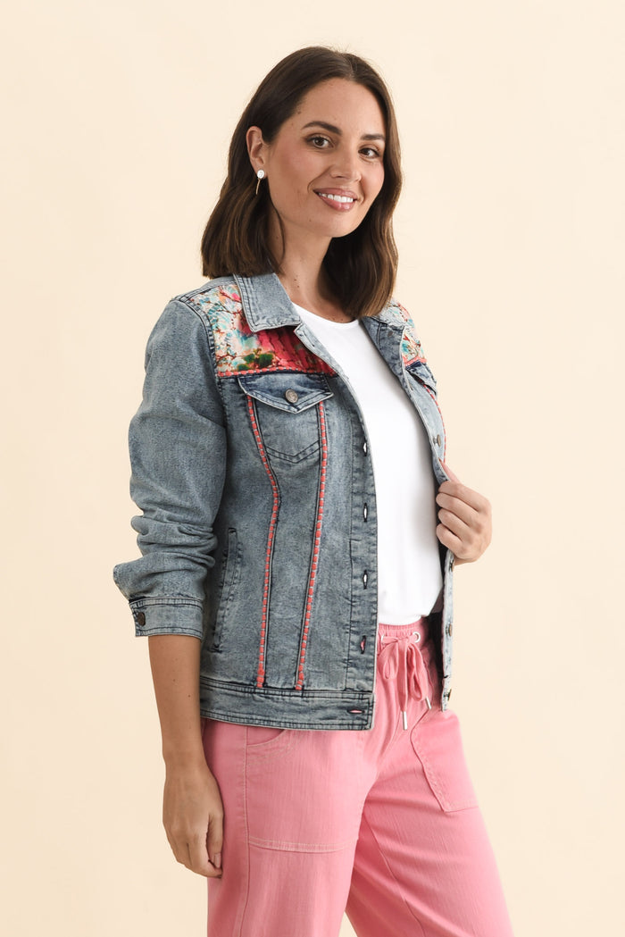 Gerri Pink Garden Denim Jacket,Brunette model,alt text|model:MJ