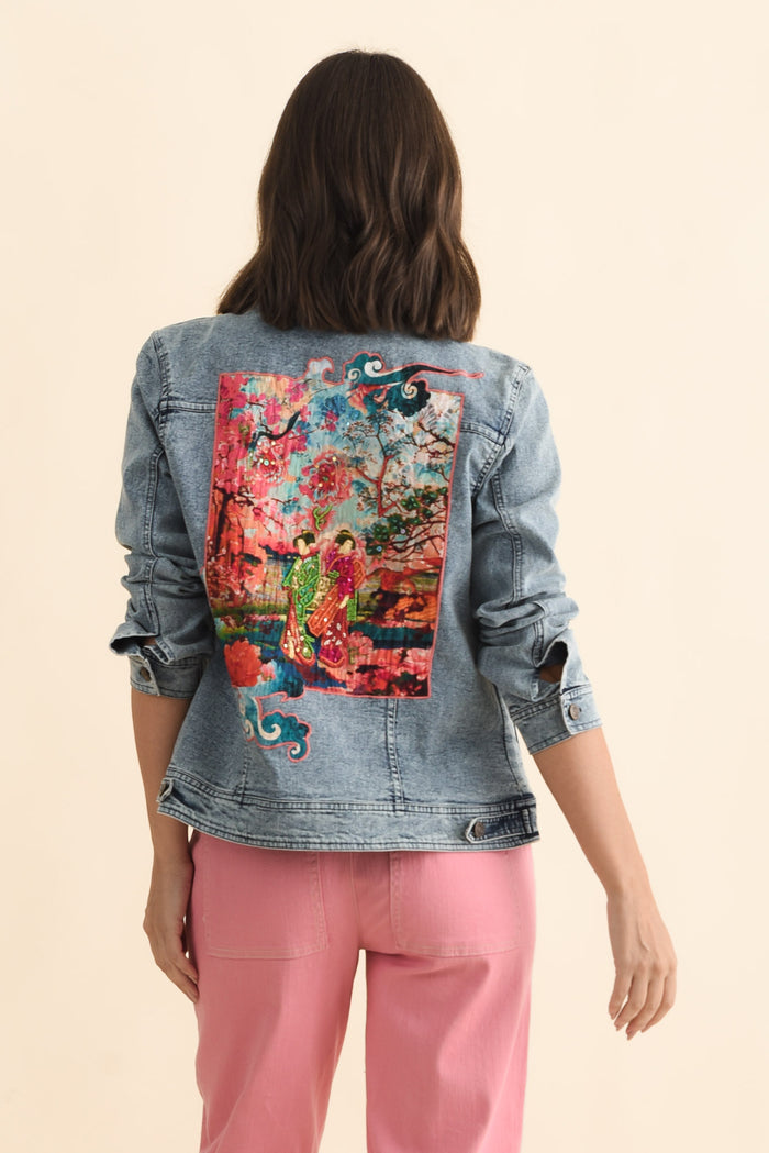 Gerri Pink Garden Denim Jacket,Brunette model,alt text|model:MJ