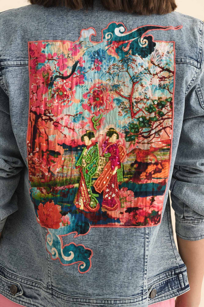 Gerri Pink Garden Denim Jacket,Brunette model,alt text|model:MJ
