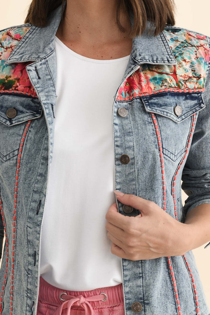 Gerri Pink Garden Denim Jacket,Brunette model,alt text|model:MJ