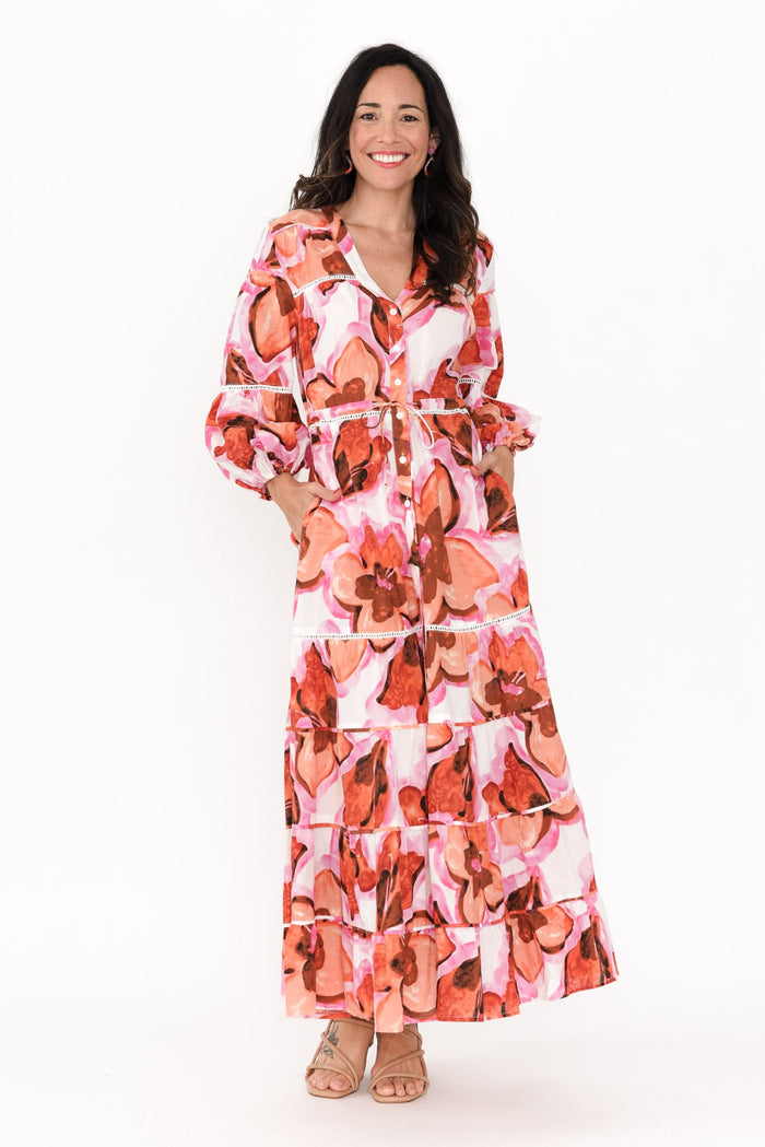 Gertie Pink Floral Cotton Tier Dress,Brunette model,alt text|model:Nicole