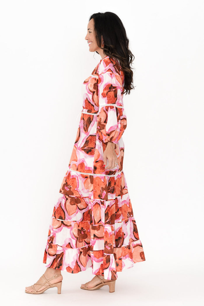 Gertie Pink Floral Cotton Tier Dress,Brunette model,alt text|model:Nicole