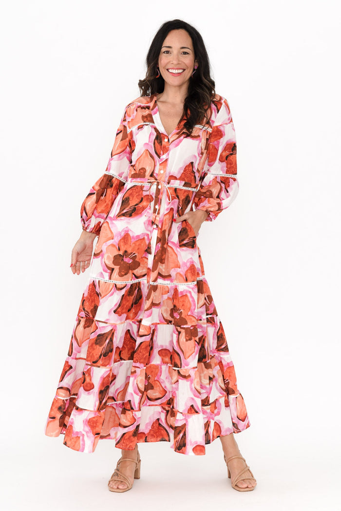 Gertie Pink Floral Cotton Tier Dress,Brunette model,alt text|model:Nicole