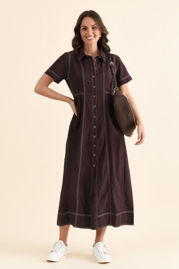 Gertrude Chocolate Contrast Pocket Dress,brunette model,Front of Outfit,alt text|model:MJ