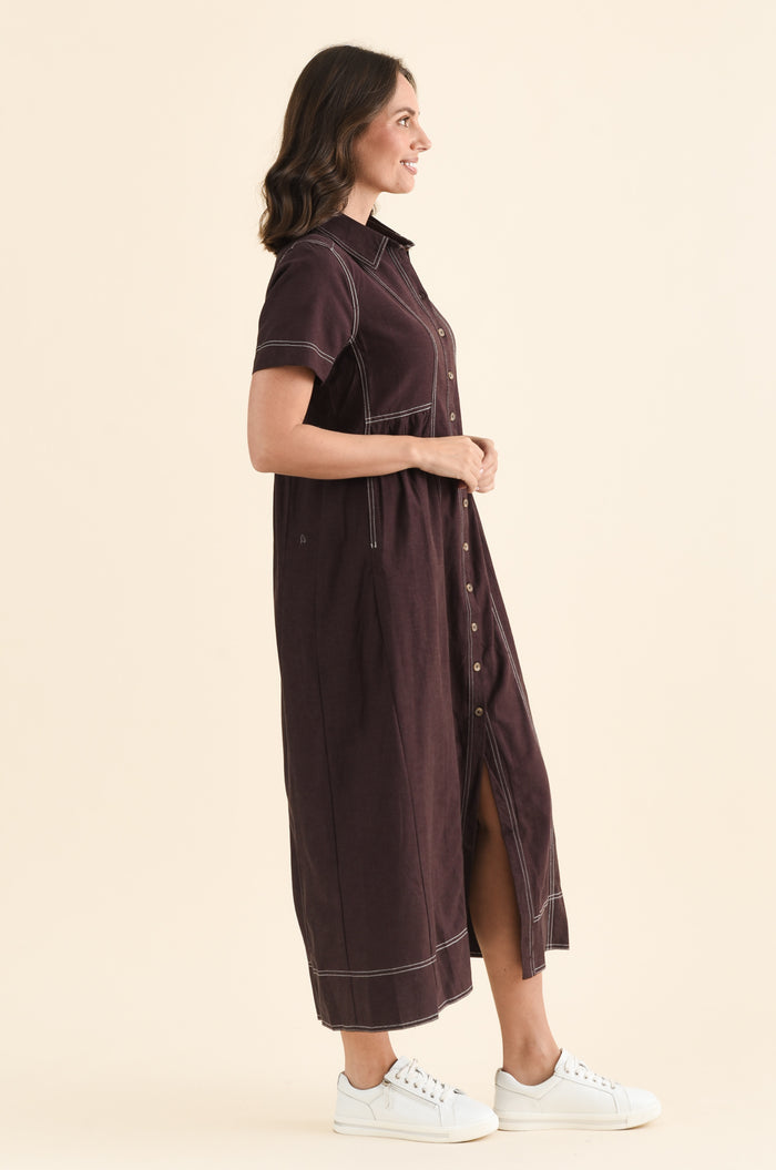 Gertrude Chocolate Contrast Pocket Dress,brunette model,Side of Outfit,alt text|model:MJ