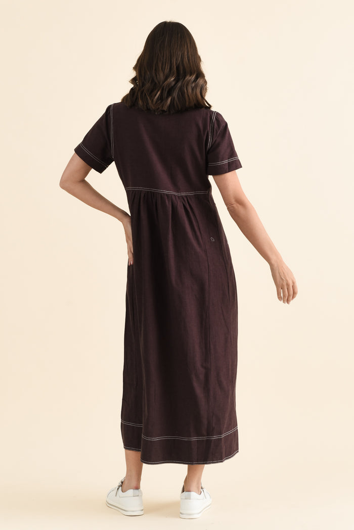 Gertrude Chocolate Contrast Pocket Dress,brunette model,Back of Outfit,alt text|model:MJ