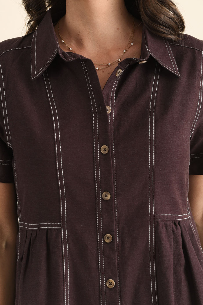Gertrude Chocolate Contrast Pocket Dress,brunette model,Close up of outfit,alt text|model:MJ