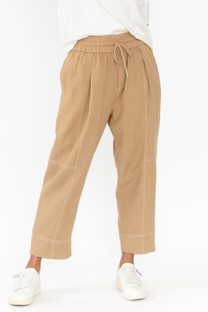 Giana Beige Contrast Drawstring Pants,Brunette model,alt text|model:Cara