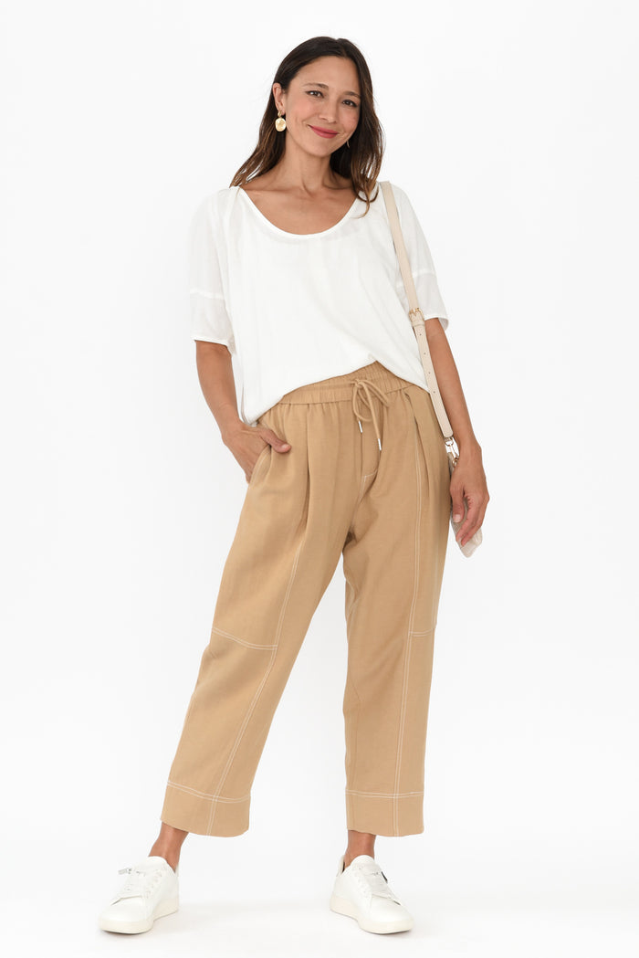 Giana Beige Contrast Drawstring Pants,Brunette model,alt text|model:Cara