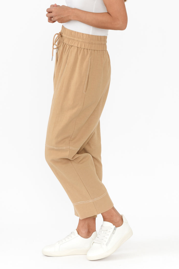 Giana Beige Contrast Drawstring Pants,Brunette model,alt text|model:Cara