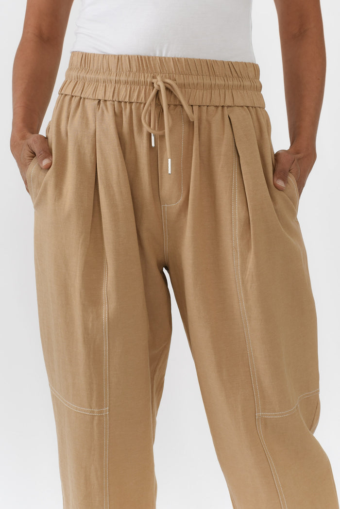 Giana Beige Contrast Drawstring Pants,Brunette model,alt text|model:Cara