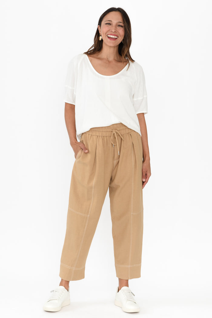 Giana Beige Contrast Drawstring Pants,Brunette model,alt text|model:Cara