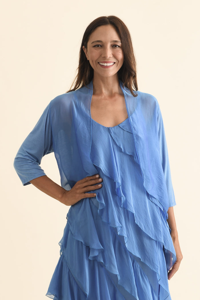 Gianetta Blue Silk Cardigan,Brunette model,alt text|model:Cara