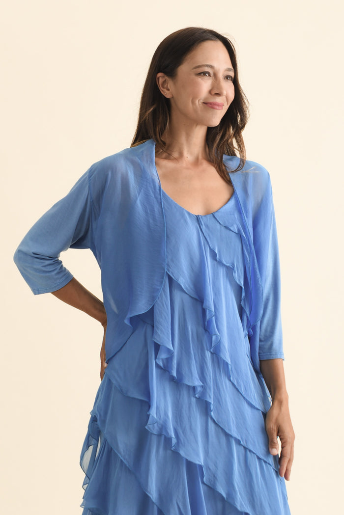 Gianetta Blue Silk Cardigan,Brunette model,alt text|model:Cara