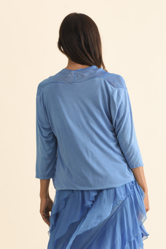 Gianetta Blue Silk Cardigan,Brunette model,alt text|model:Cara
