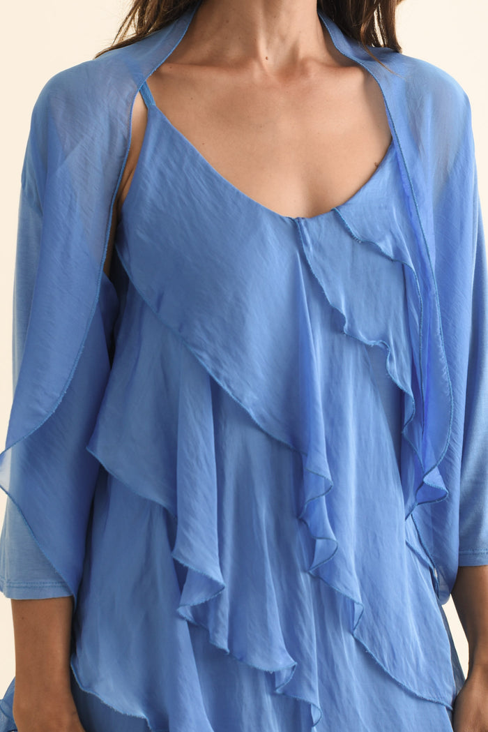 Gianetta Blue Silk Cardigan,Brunette model,alt text|model:Cara