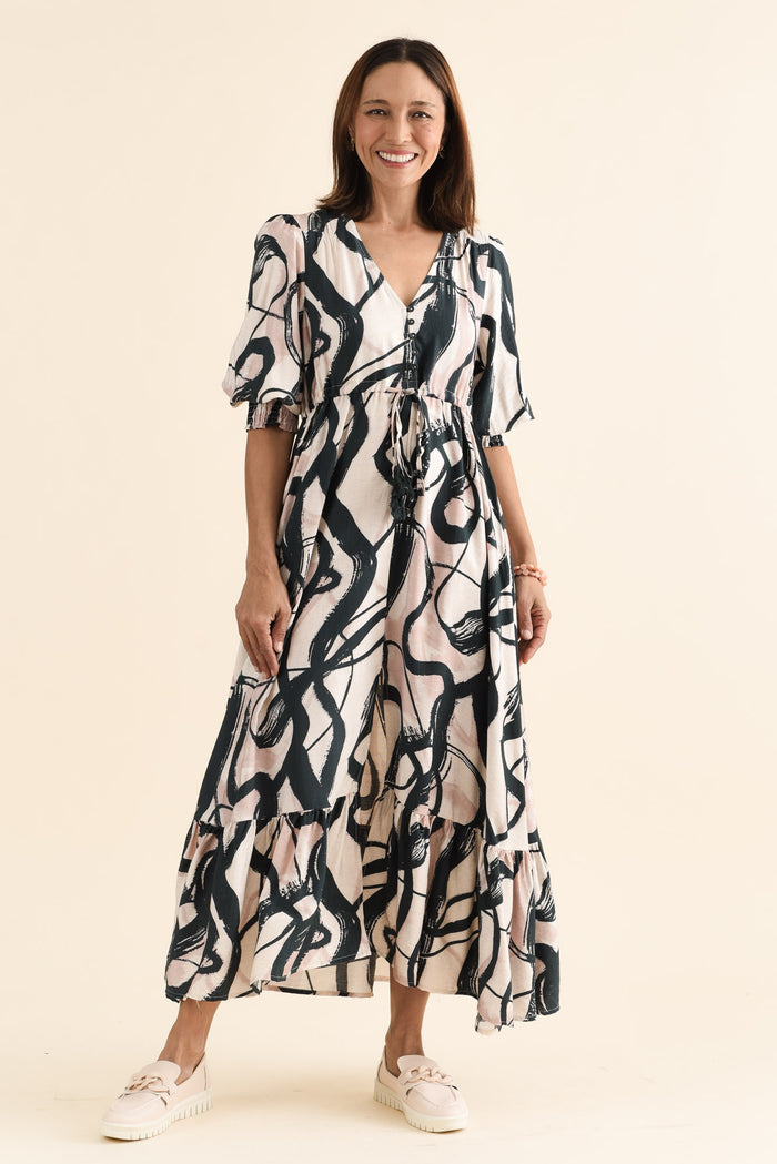 Gilda Black Brush Stroke Tie Dress,brunette model,Front of Outfit,alt text|model:Cara