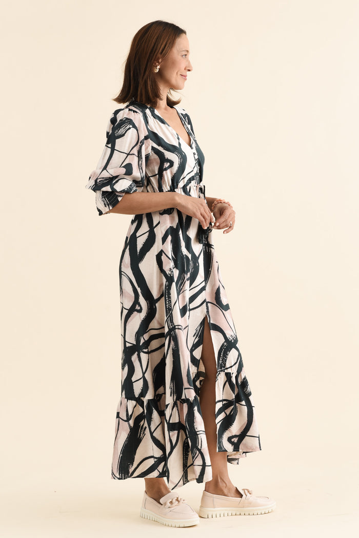 Gilda Black Brush Stroke Tie Dress,brunette model,Side of Outfit,alt text|model:Cara