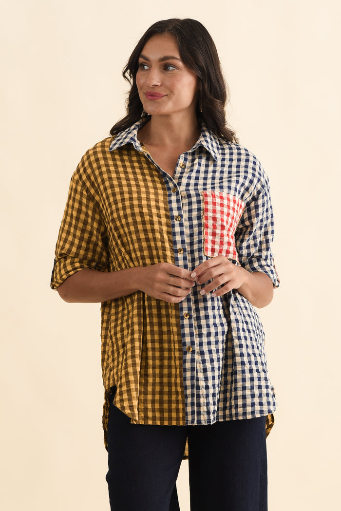 Gillie Navy Check Cotton Shirt,Brunette model,alt text|model:Brontie