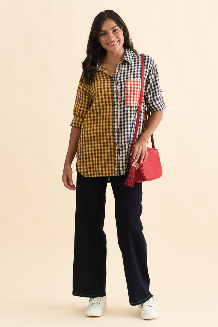 Gillie Navy Check Cotton Shirt,Brunette model,alt text|model:Brontie