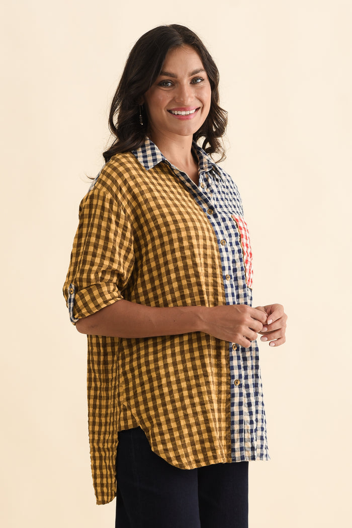 Gillie Navy Check Cotton Shirt,Brunette model,alt text|model:Brontie