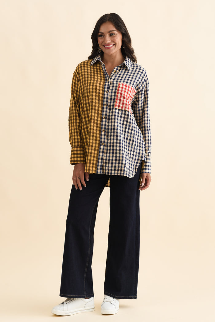 Gillie Navy Check Cotton Shirt,Brunette model,alt text|model:Brontie