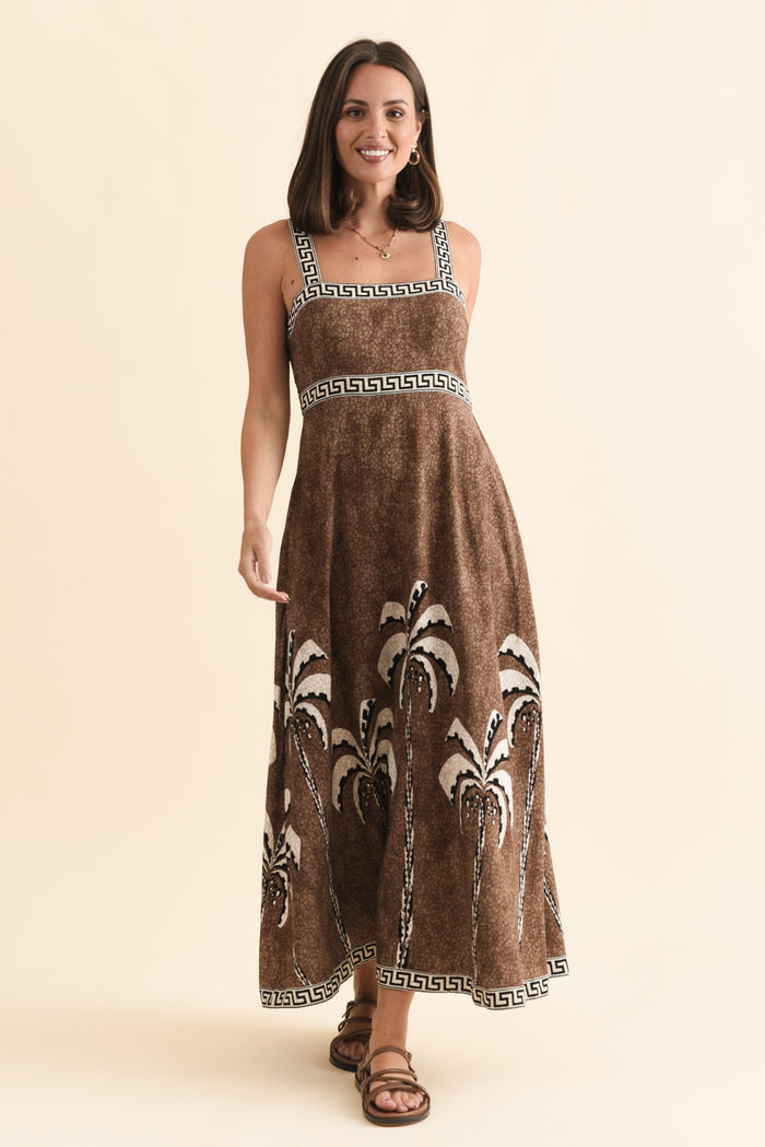 Giovanna Brown Tropical Maxi Dress,Brunette model,alt text|model:MJ